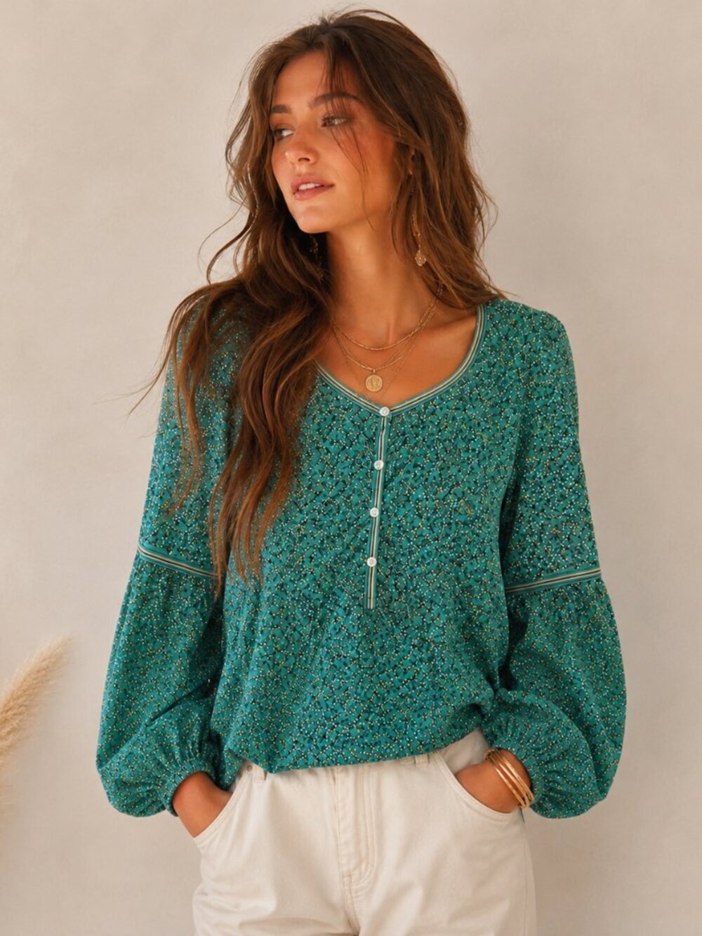 MAX STUDIO Plus Cherry Print Flowy Tunic Top Green Multi 2X Boho Peasant
